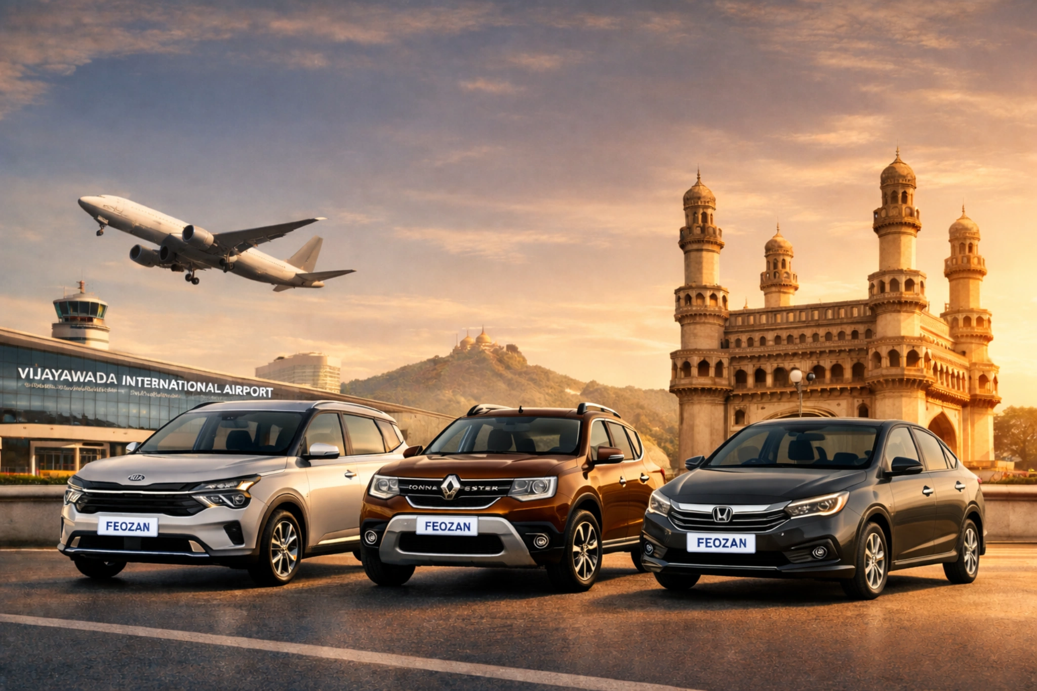 Feozan Travels fleet with Vijayawada International Airport and Charminar in the background